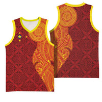 Niue Polynesian Hiapo Tattoo Art Basketball Jersey Half Style Red Yellow Color - Polynesian Pride