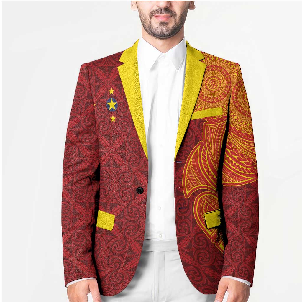 Niue Polynesian Hiapo Tattoo Art Blazer Half Style Red Yellow Color - Polynesian Pride