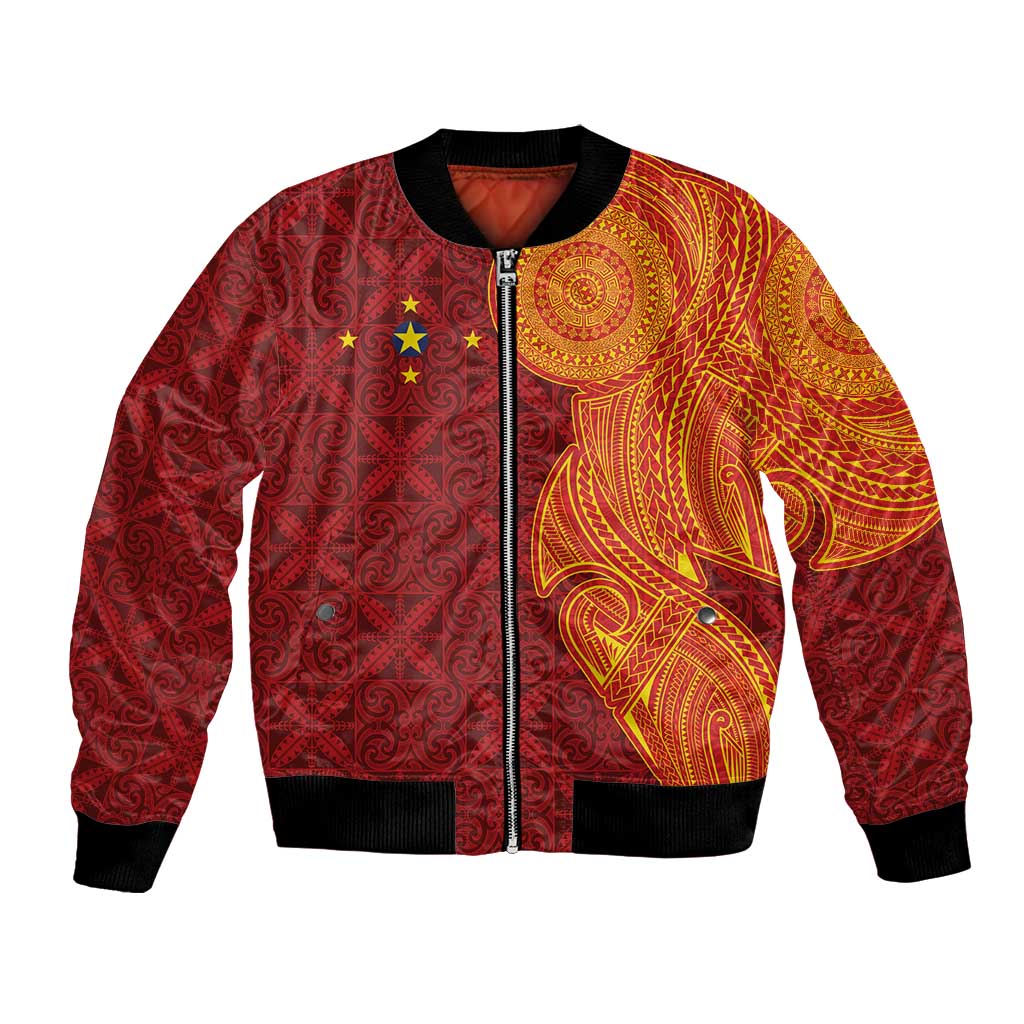 Niue Polynesian Hiapo Tattoo Art Bomber Jacket Half Style Red Yellow Color - Polynesian Pride
