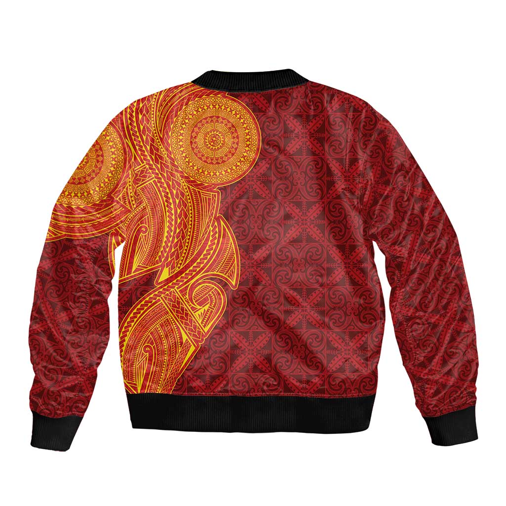 Niue Polynesian Hiapo Tattoo Art Bomber Jacket Half Style Red Yellow Color - Polynesian Pride