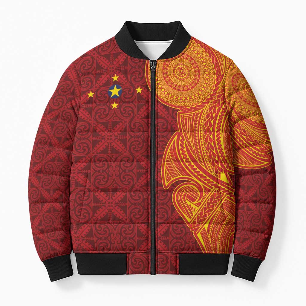 Niue Polynesian Hiapo Tattoo Art Bomber Puffer Jacket Half Style Red Yellow Color - Polynesian Pride
