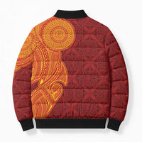 Niue Polynesian Hiapo Tattoo Art Bomber Puffer Jacket Half Style Red Yellow Color - Polynesian Pride