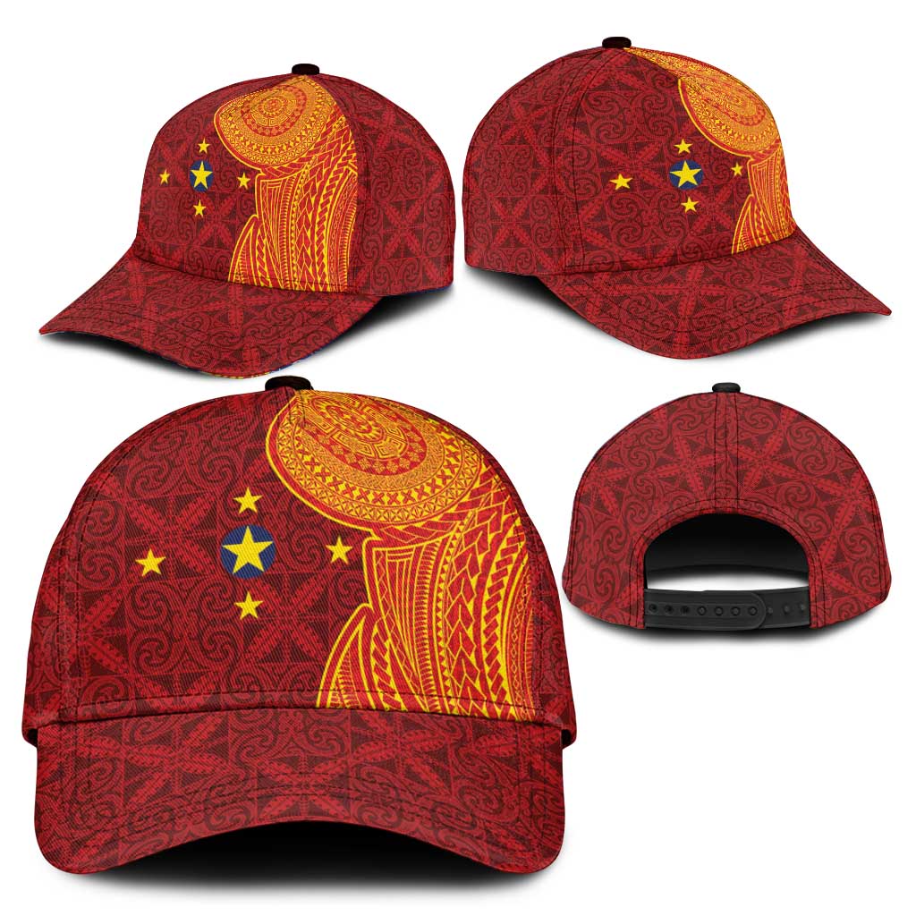 Niue Polynesian Hiapo Tattoo Art Classic Cap Half Style Red Yellow Color - Polynesian Pride