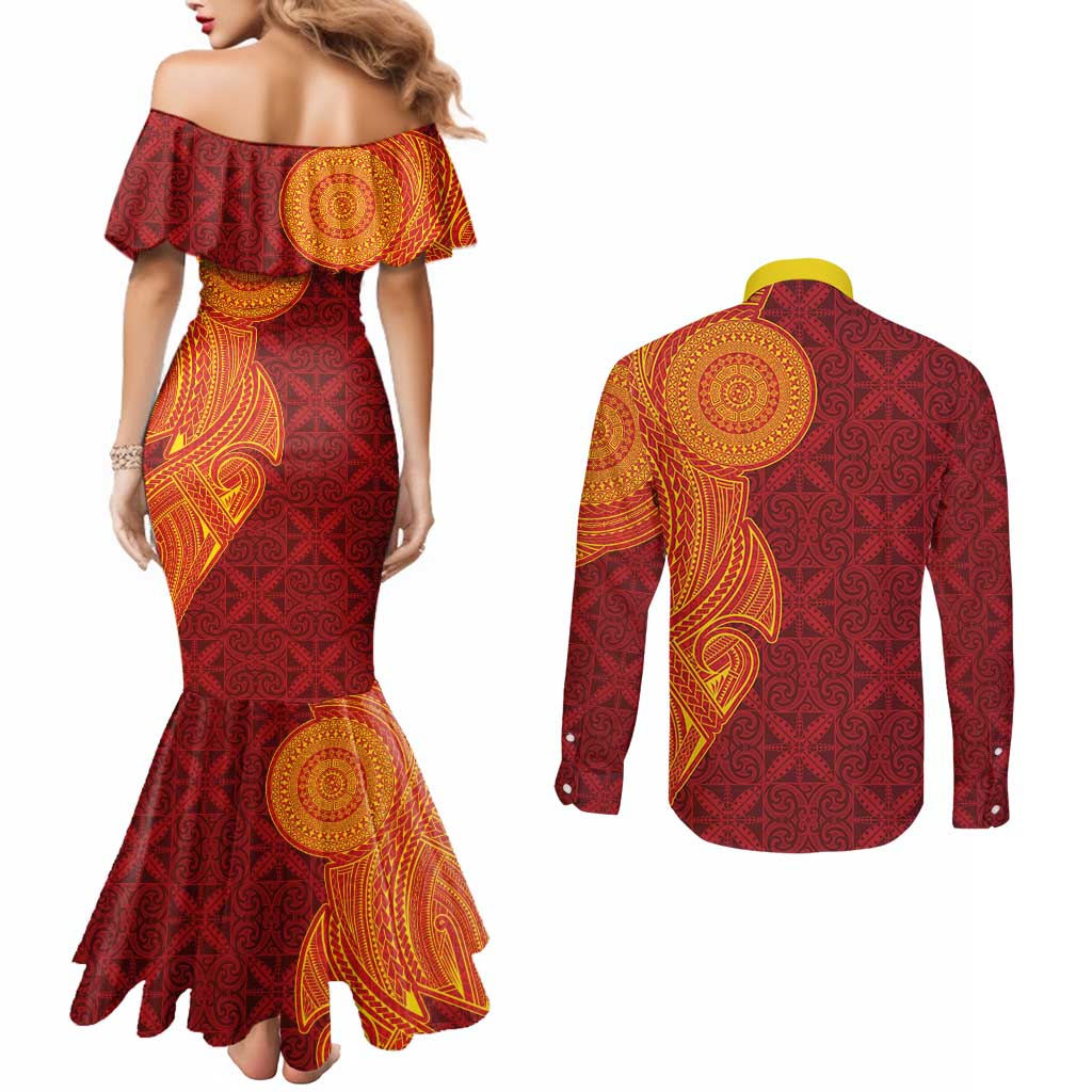 Niue Polynesian Hiapo Tattoo Art Couples Matching Mermaid Dress and Long Sleeve Button Shirt Half Style Red Yellow Color - Polynesian Pride