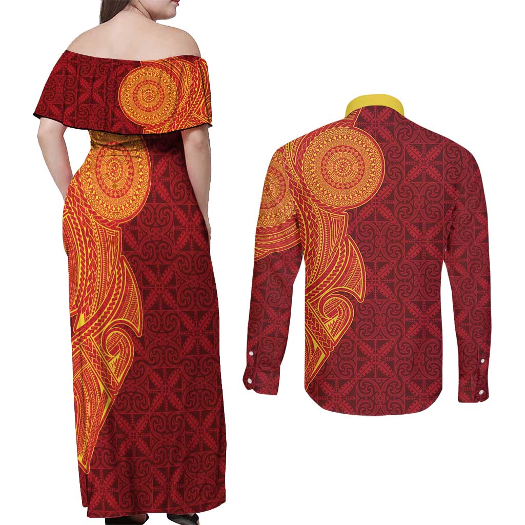 Niue Polynesian Hiapo Tattoo Art Couples Matching Off Shoulder Maxi Dress and Long Sleeve Button Shirt Half Style Red Yellow Color - Polynesian Pride