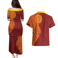 Niue Polynesian Hiapo Tattoo Art Couples Matching Puletasi and Hawaiian Shirt Half Style Red Yellow Color - Polynesian Pride