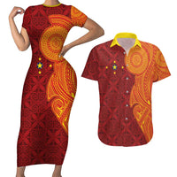 Niue Polynesian Hiapo Tattoo Art Couples Matching Short Sleeve Bodycon Dress and Hawaiian Shirt Half Style Red Yellow Color - Polynesian Pride