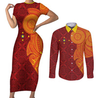 Niue Polynesian Hiapo Tattoo Art Couples Matching Short Sleeve Bodycon Dress and Long Sleeve Button Shirt Half Style Red Yellow Color - Polynesian Pride