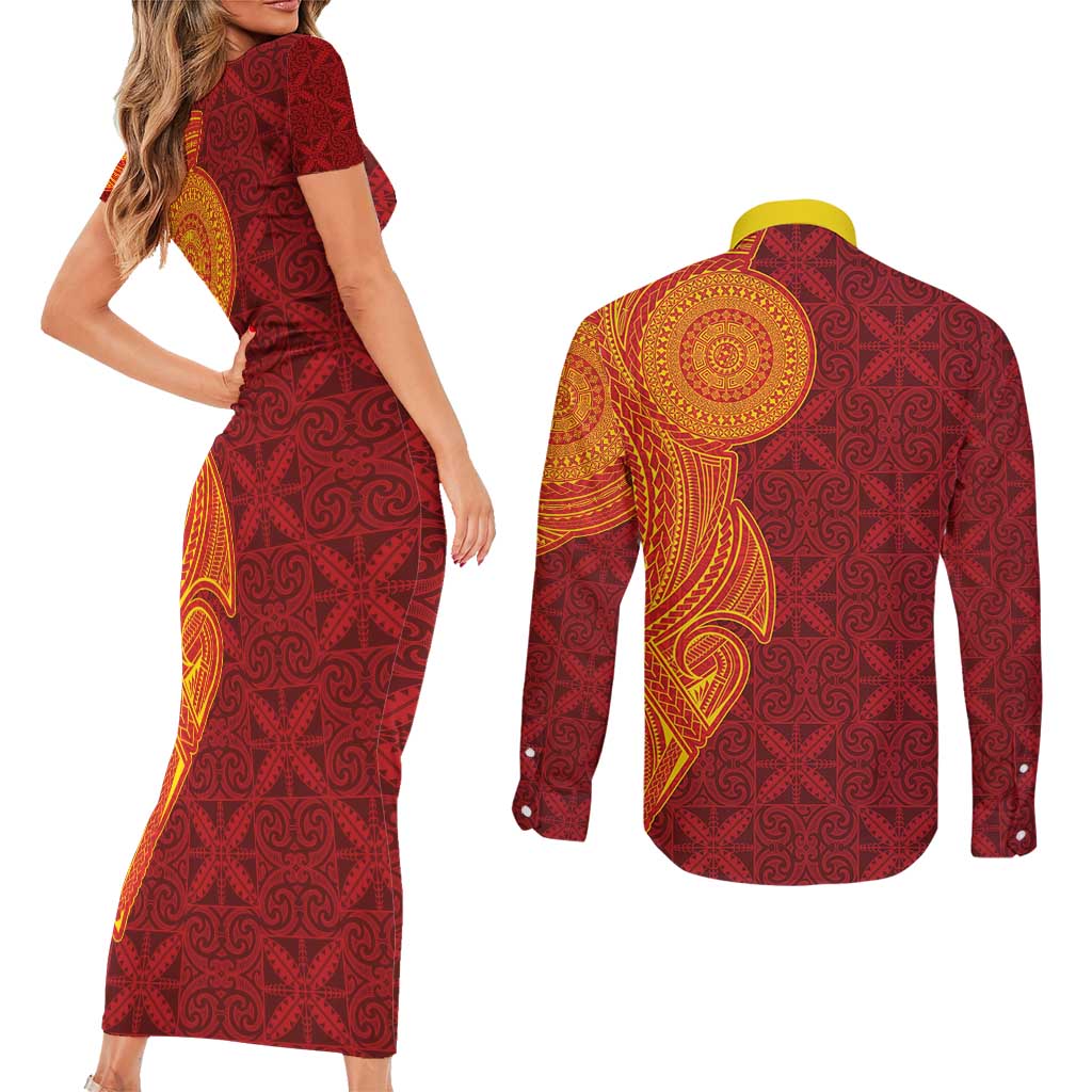 Niue Polynesian Hiapo Tattoo Art Couples Matching Short Sleeve Bodycon Dress and Long Sleeve Button Shirt Half Style Red Yellow Color - Polynesian Pride
