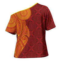 Niue Polynesian Hiapo Tattoo Art Cross Shoulder Shirt Half Style Red Yellow Color - Polynesian Pride