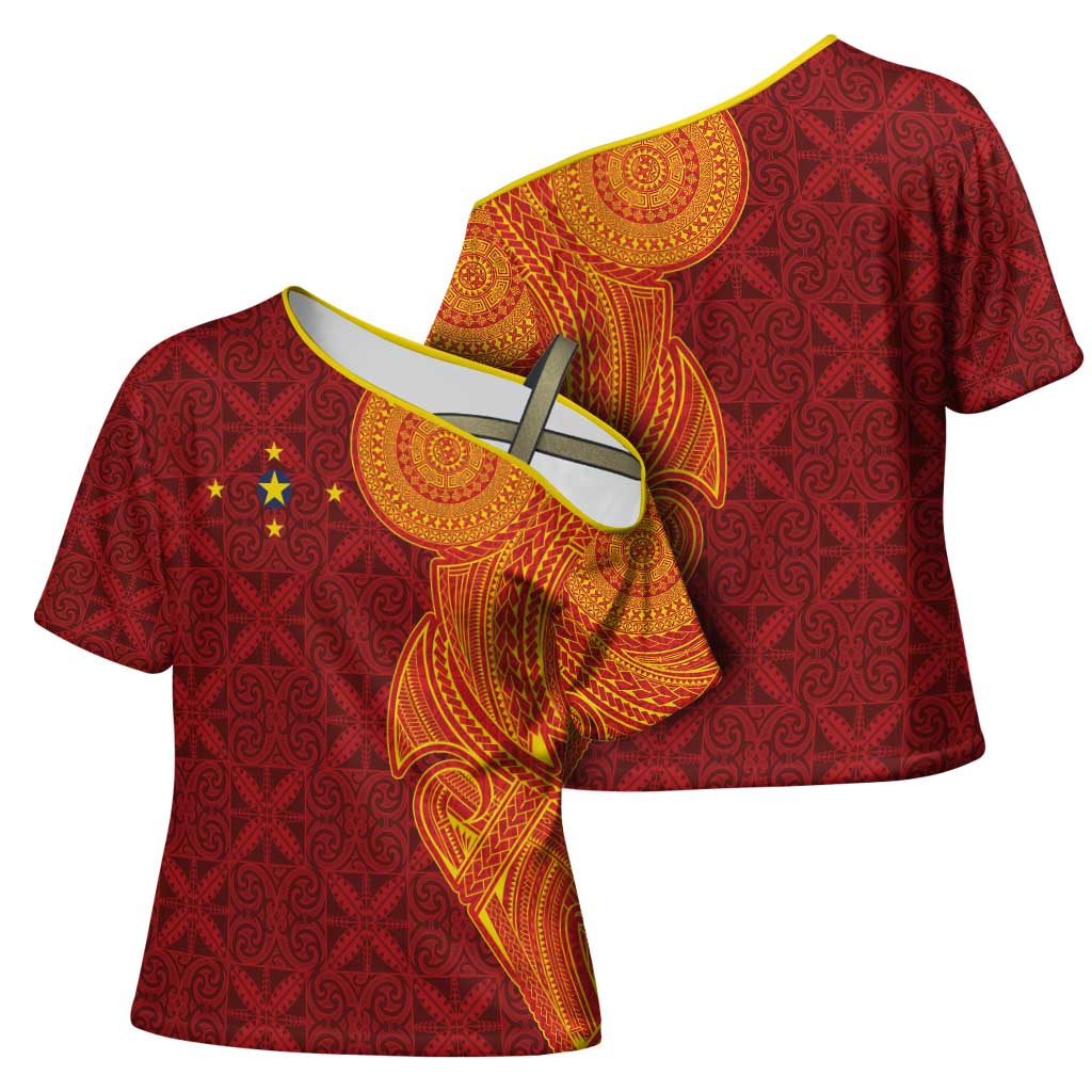 Niue Polynesian Hiapo Tattoo Art Cross Shoulder Shirt Half Style Red Yellow Color - Polynesian Pride