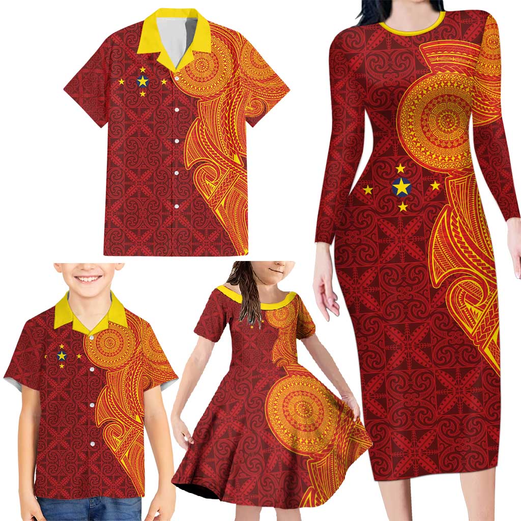 Niue Polynesian Hiapo Tattoo Art Family Matching Long Sleeve Bodycon Dress and Hawaiian Shirt Half Style Red Yellow Color - Polynesian Pride