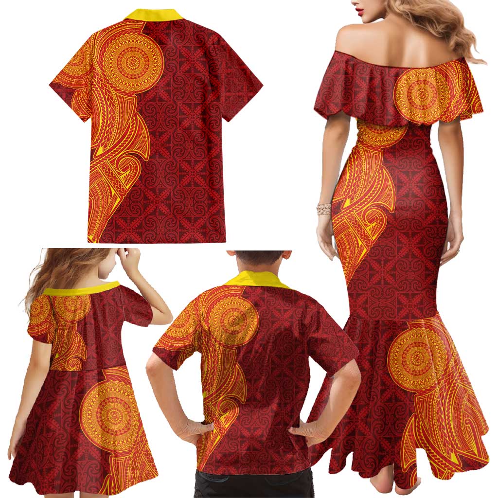 Niue Polynesian Hiapo Tattoo Art Family Matching Mermaid Dress and Hawaiian Shirt Half Style Red Yellow Color - Polynesian Pride