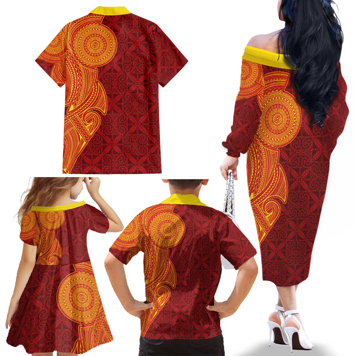 Niue Polynesian Hiapo Tattoo Art Family Matching Off The Shoulder Long Sleeve Dress and Hawaiian Shirt Half Style Red Yellow Color - Polynesian Pride