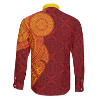 Niue Polynesian Hiapo Tattoo Art Family Matching Off The Shoulder Long Sleeve Dress and Hawaiian Shirt Half Style Red Yellow Color - Polynesian Pride
