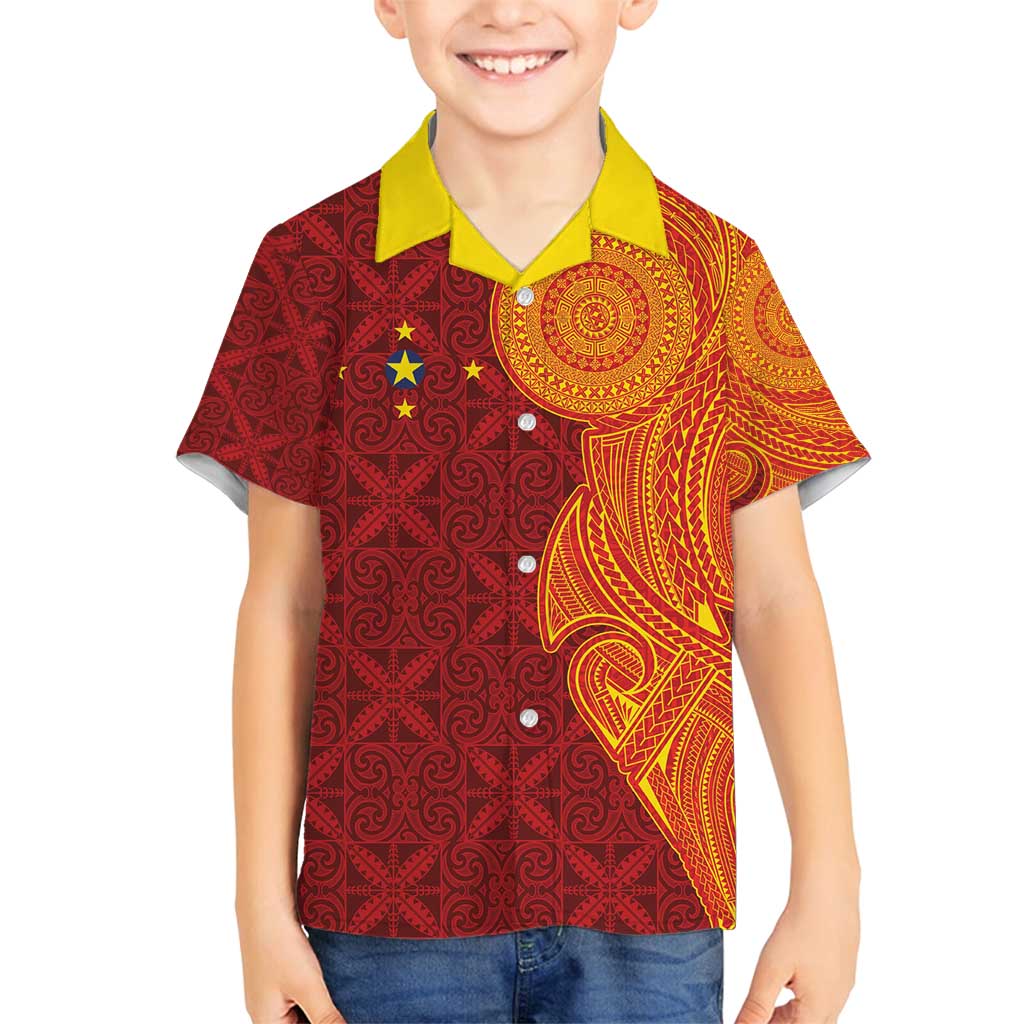 Niue Polynesian Hiapo Tattoo Art Family Matching Off Shoulder Maxi Dress and Hawaiian Shirt Half Style Red Yellow Color - Polynesian Pride