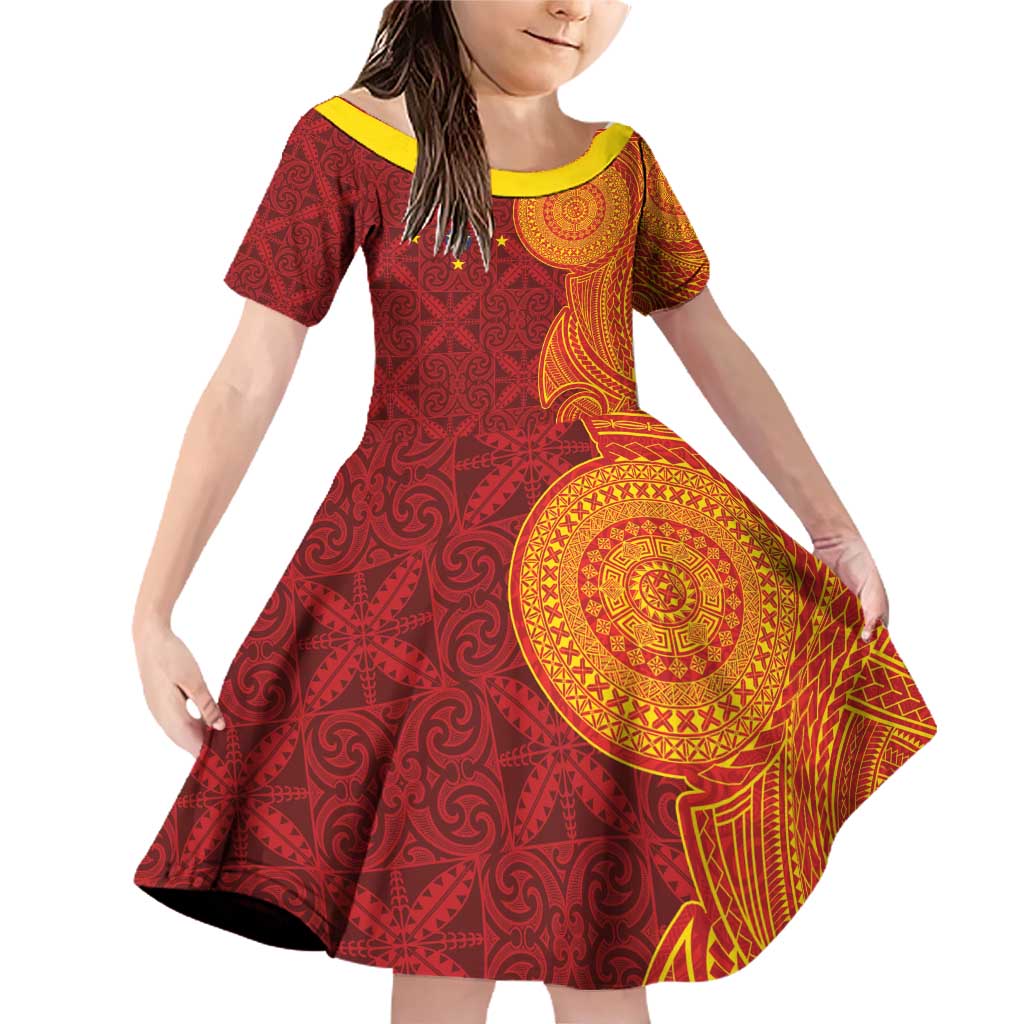 Niue Polynesian Hiapo Tattoo Art Family Matching Off Shoulder Short Dress and Hawaiian Shirt Half Style Red Yellow Color - Polynesian Pride