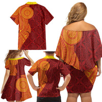 Niue Polynesian Hiapo Tattoo Art Family Matching Off Shoulder Short Dress and Hawaiian Shirt Half Style Red Yellow Color - Polynesian Pride