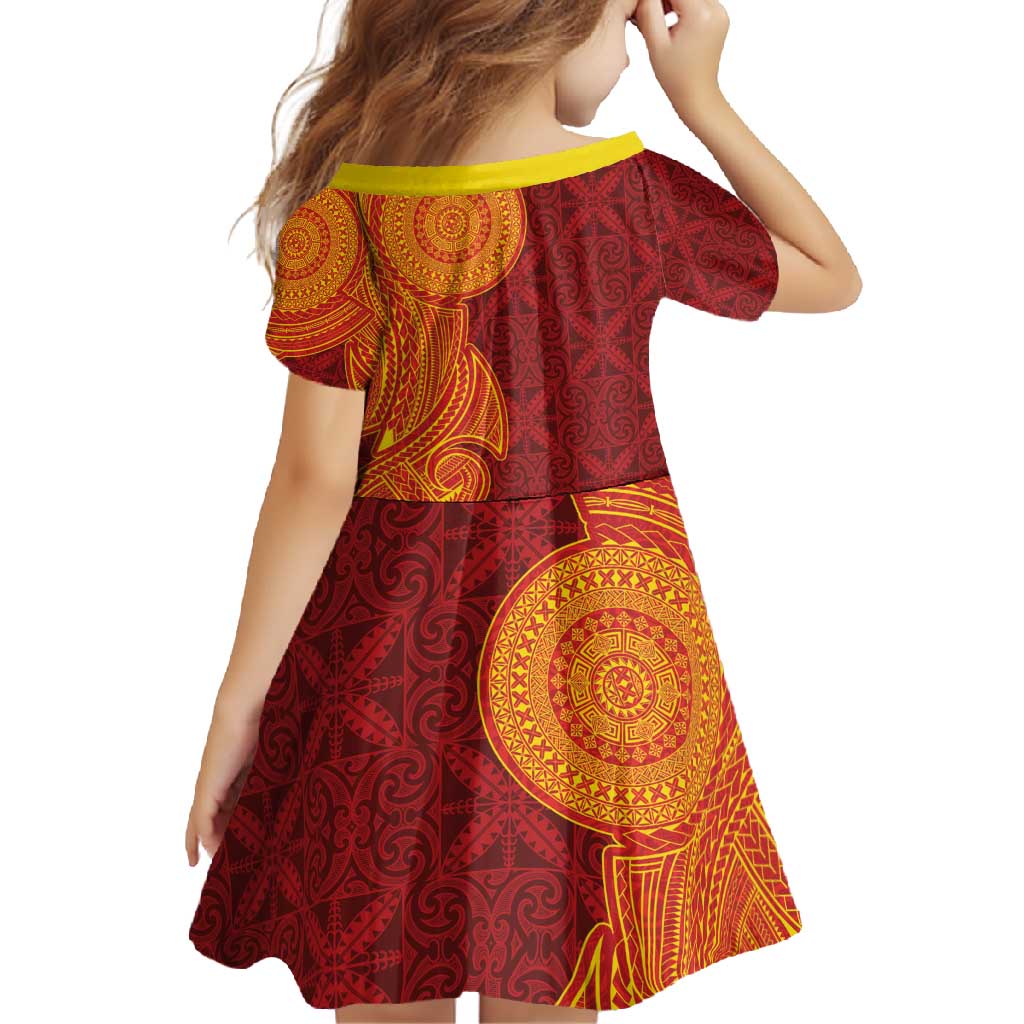 Niue Polynesian Hiapo Tattoo Art Family Matching Summer Maxi Dress and Hawaiian Shirt Half Style Red Yellow Color - Polynesian Pride