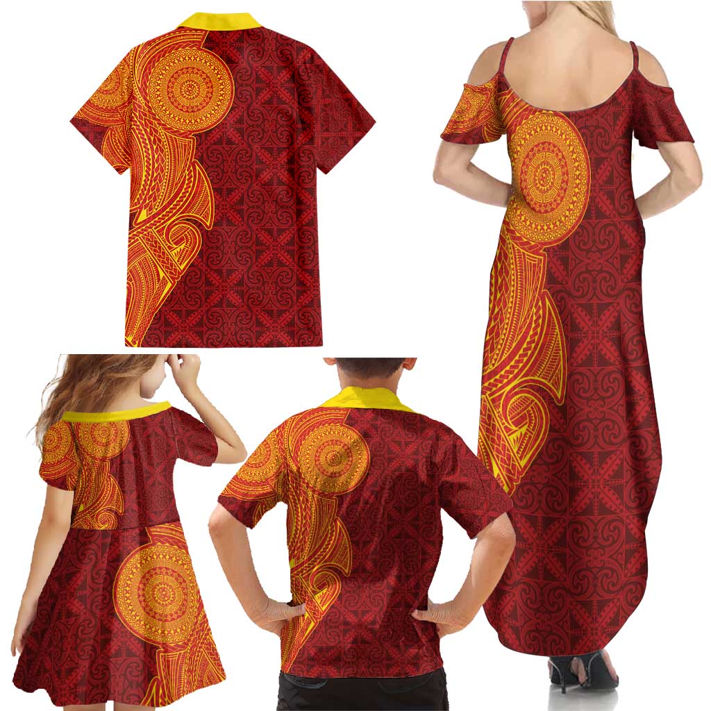Niue Polynesian Hiapo Tattoo Art Family Matching Summer Maxi Dress and Hawaiian Shirt Half Style Red Yellow Color - Polynesian Pride