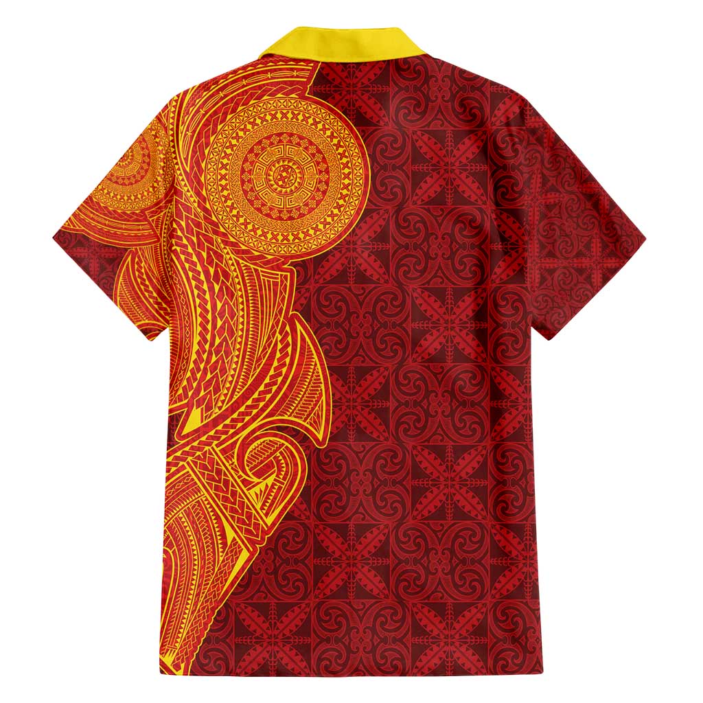 Niue Polynesian Hiapo Tattoo Art Family Matching Summer Maxi Dress and Hawaiian Shirt Half Style Red Yellow Color - Polynesian Pride