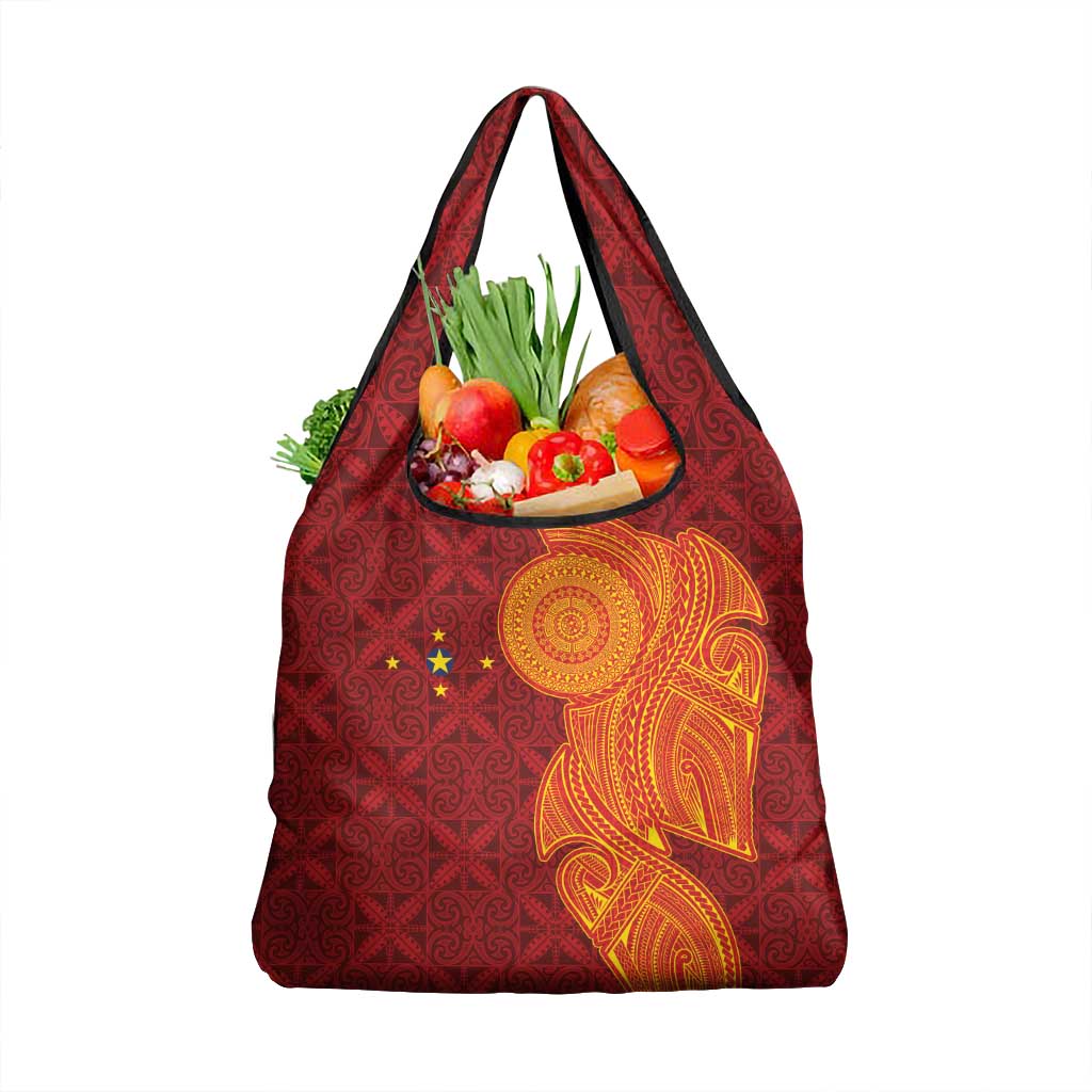 Niue Polynesian Hiapo Tattoo Art Grocery Bag Half Style Red Yellow Color - Polynesian Pride