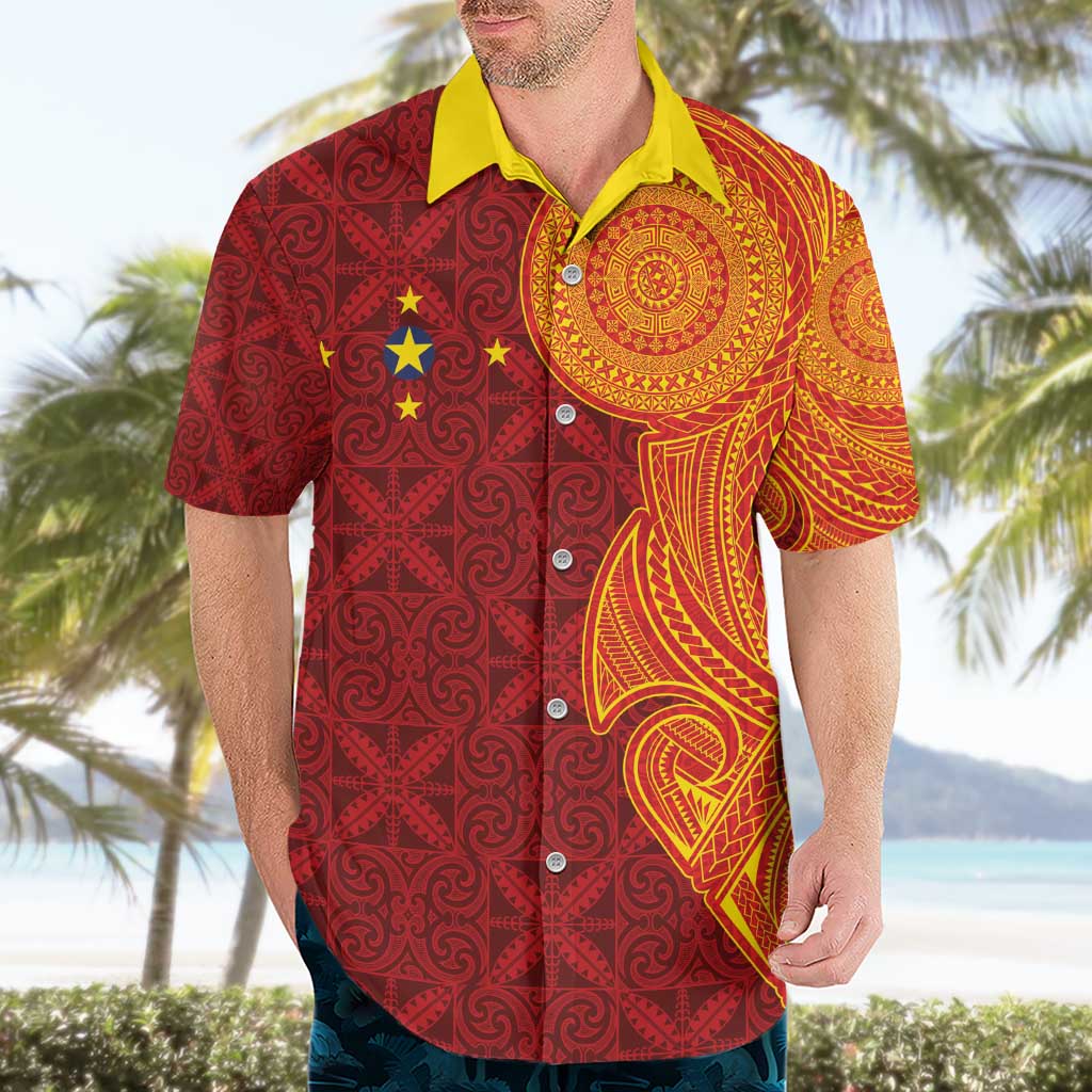 Niue Polynesian Hiapo Tattoo Art Hawaiian Shirt Half Style Red Yellow Color - Polynesian Pride