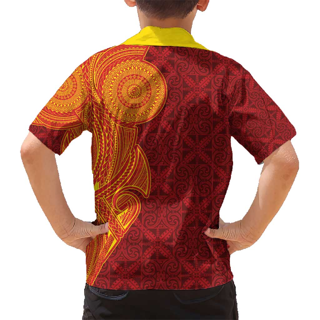Niue Polynesian Hiapo Tattoo Art Hawaiian Shirt Half Style Red Yellow Color - Polynesian Pride