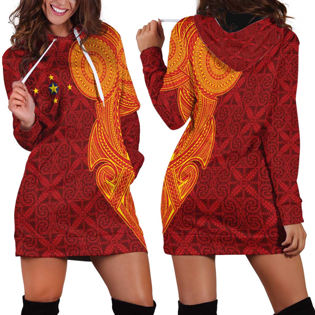 Niue Polynesian Hiapo Tattoo Art Hoodie Dress Half Style Red Yellow Color - Polynesian Pride