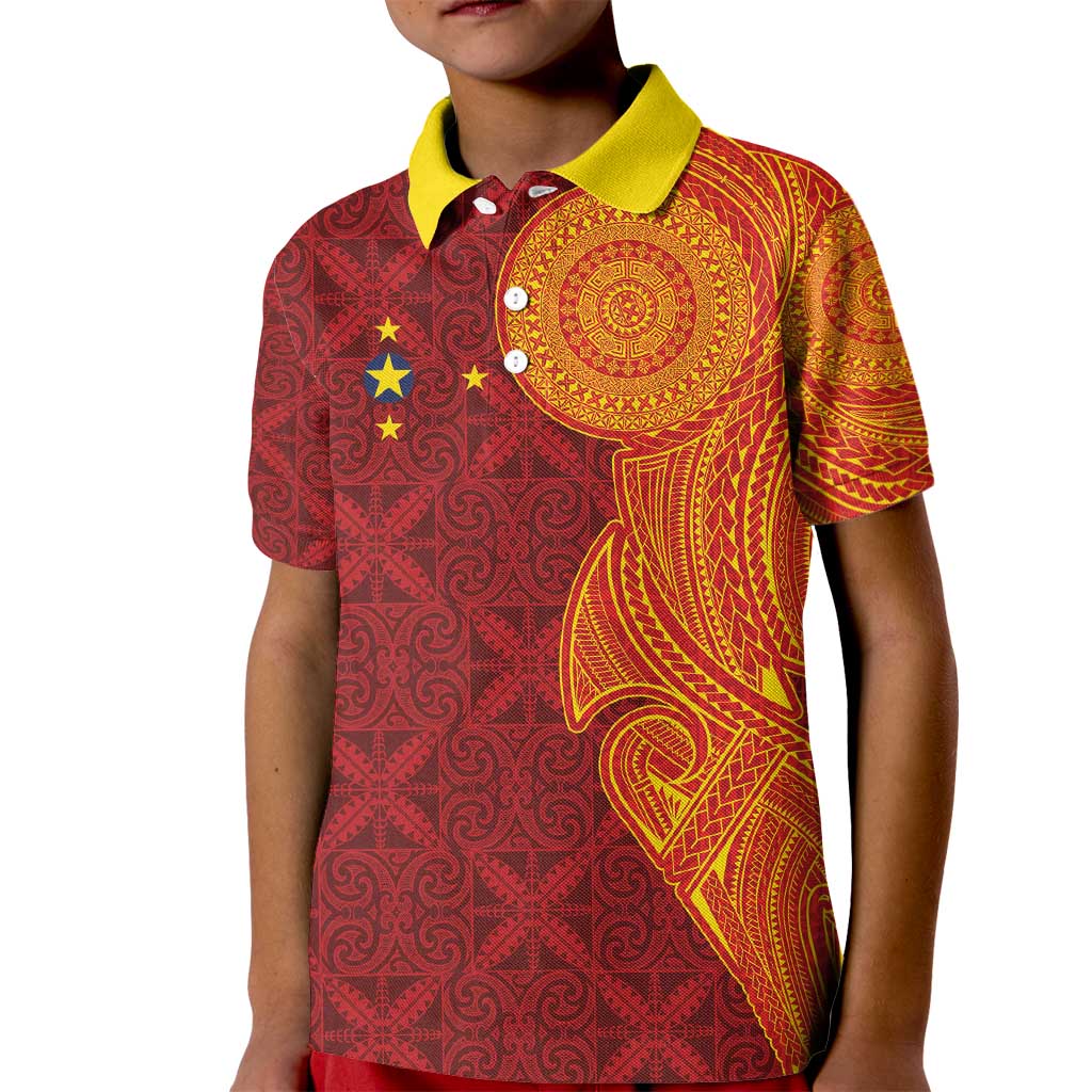 Niue Polynesian Hiapo Tattoo Art Kid Polo Shirt Half Style Red Yellow Color - Polynesian Pride