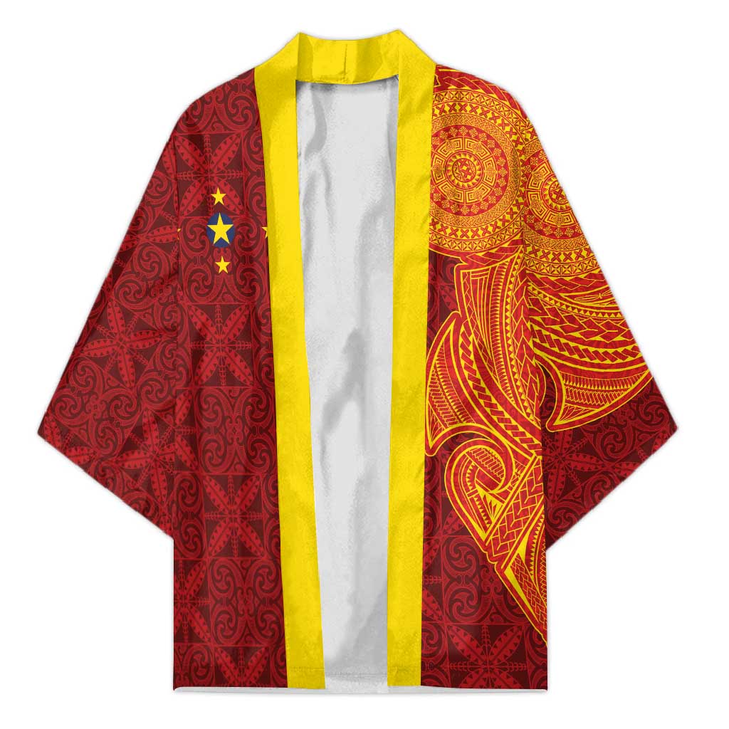 Niue Polynesian Hiapo Tattoo Art Kimono Half Style Red Yellow Color - Polynesian Pride