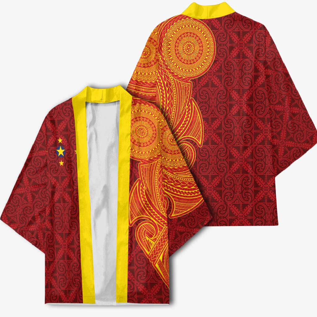 Niue Polynesian Hiapo Tattoo Art Kimono Half Style Red Yellow Color - Polynesian Pride