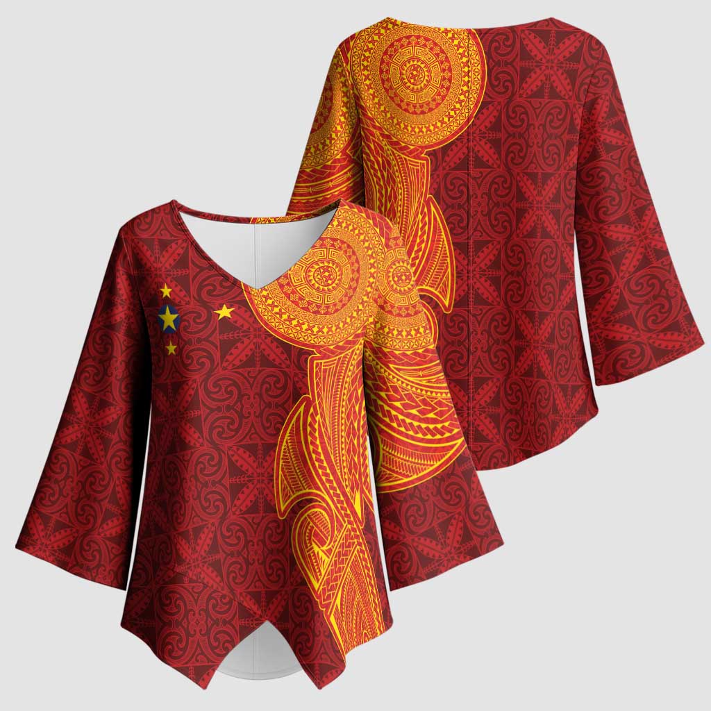 Niue Polynesian Hiapo Tattoo Art Kimono Sleeve Blouse Half Style Red Yellow Color - Polynesian Pride