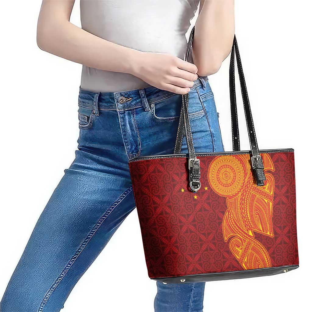 Niue Polynesian Hiapo Tattoo Art Leather Tote Bag Half Style Red Yellow Color - Polynesian Pride