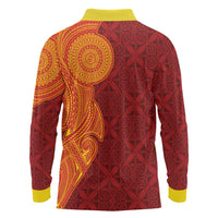 Niue Polynesian Hiapo Tattoo Art Long Sleeve Polo Shirt Half Style Red Yellow Color - Polynesian Pride