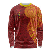 Niue Polynesian Hiapo Tattoo Art Long Sleeve Shirt Half Style Red Yellow Color - Polynesian Pride