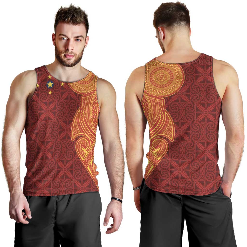 Niue Polynesian Hiapo Tattoo Art Men Tank Top Half Style Red Yellow Color - Polynesian Pride