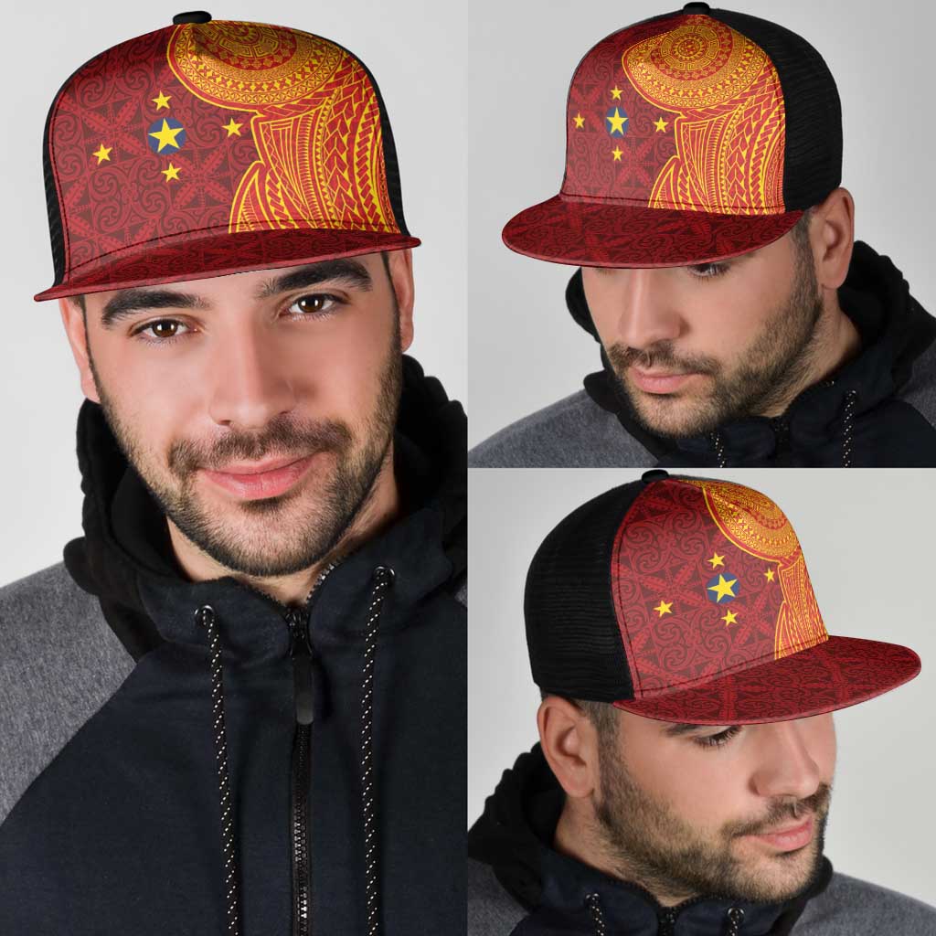 Niue Polynesian Hiapo Tattoo Art Mesh Trucker Cap Half Style Red Yellow Color - Polynesian Pride