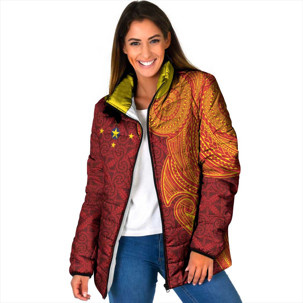 Niue Polynesian Hiapo Tattoo Art Padded Jacket Half Style Red Yellow Color - Polynesian Pride