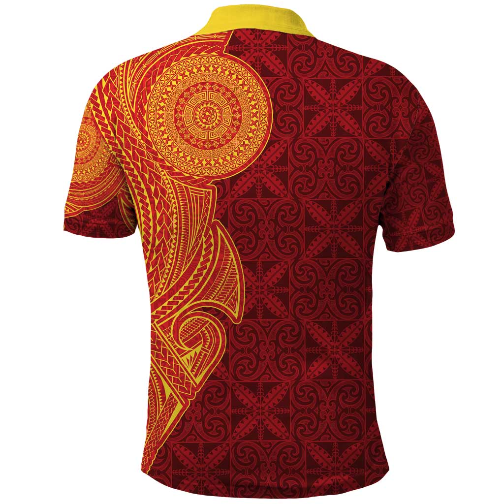 Niue Polynesian Hiapo Tattoo Art Polo Shirt Half Style Red Yellow Color - Polynesian Pride