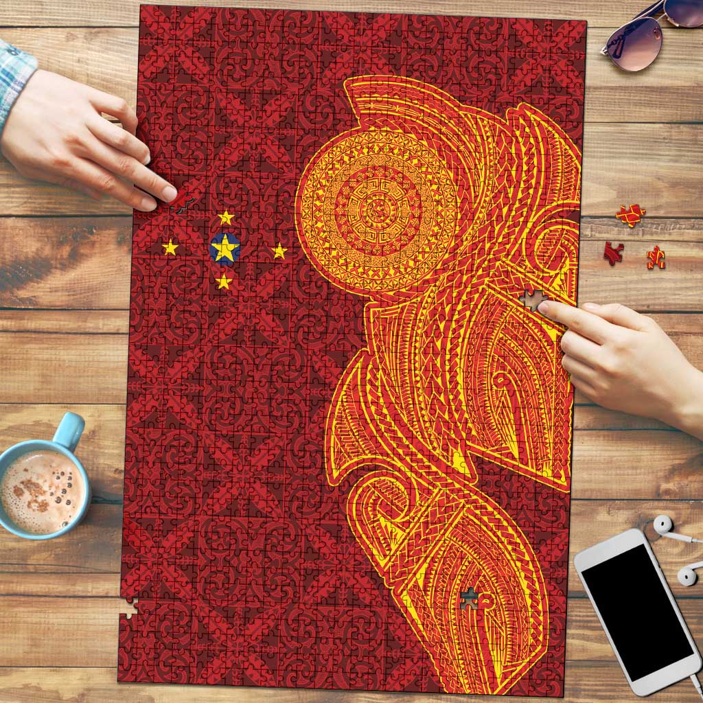 Niue Polynesian Hiapo Tattoo Art Puzzle Half Style Red Yellow Color - Polynesian Pride