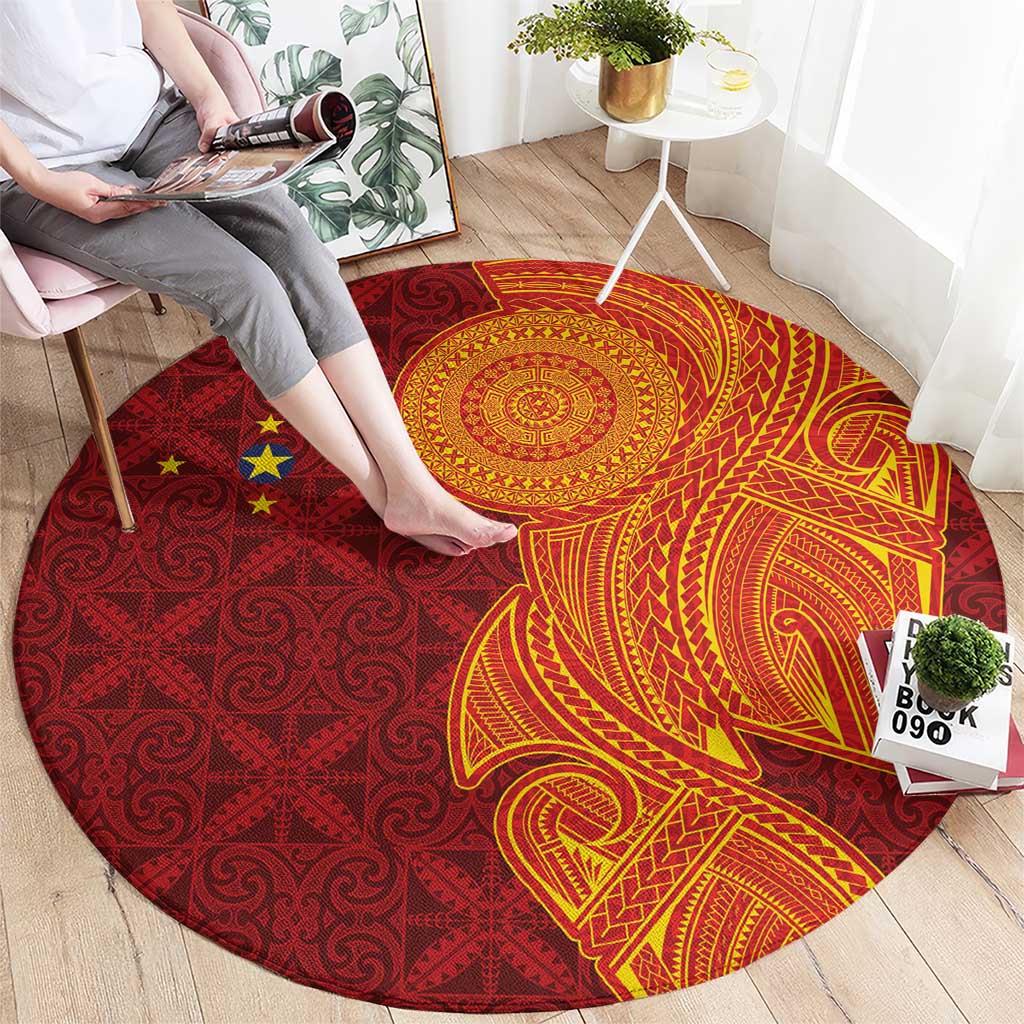 Niue Polynesian Hiapo Tattoo Art Round Carpet Half Style Red Yellow Color - Polynesian Pride