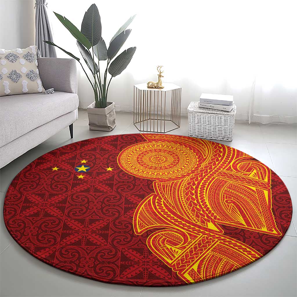 Niue Polynesian Hiapo Tattoo Art Round Carpet Half Style Red Yellow Color - Polynesian Pride