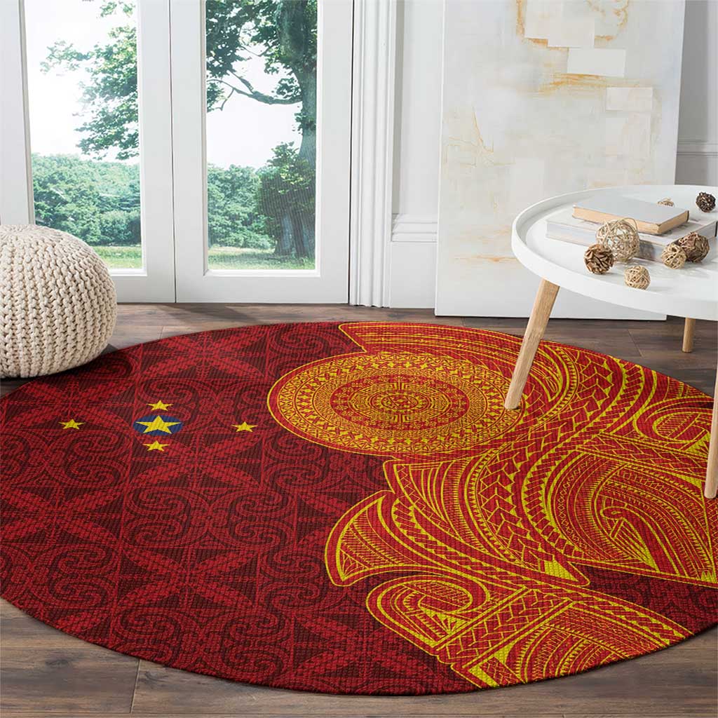Niue Polynesian Hiapo Tattoo Art Round Carpet Half Style Red Yellow Color - Polynesian Pride