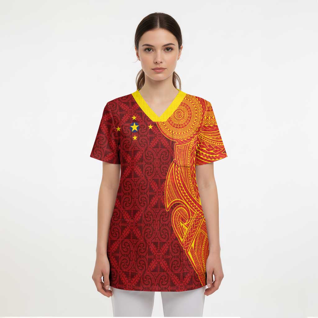 Niue Polynesian Hiapo Tattoo Art Scrub Top Half Style Red Yellow Color - Polynesian Pride