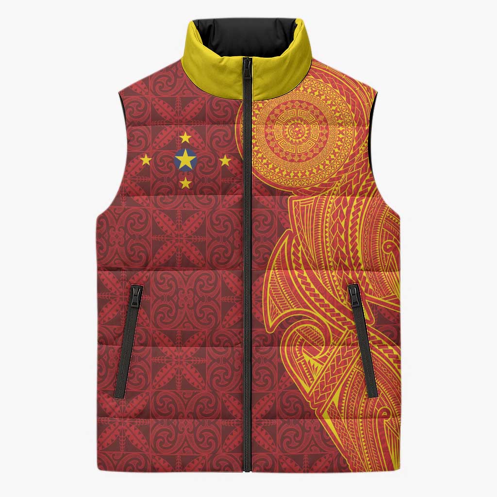 Niue Polynesian Hiapo Tattoo Art Sleeveless Puffer Jacket Half Style Red Yellow Color - Polynesian Pride