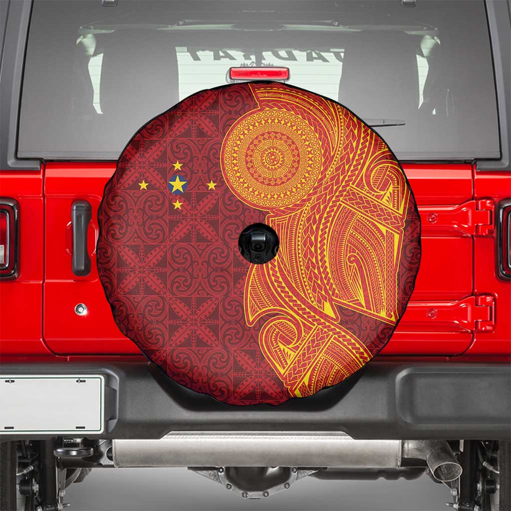 Niue Polynesian Hiapo Tattoo Art Spare Tire Cover Half Style Red Yellow Color - Polynesian Pride