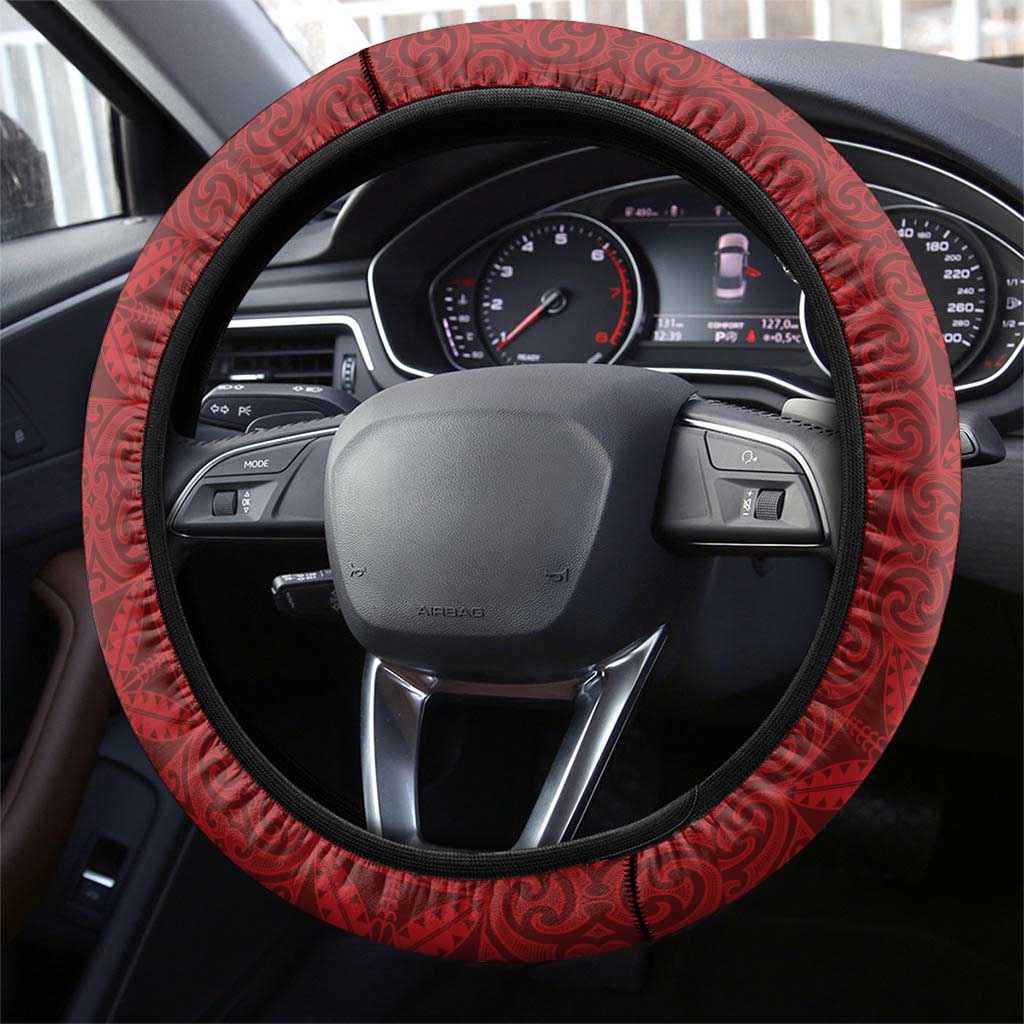 Niue Polynesian Hiapo Tattoo Art Steering Wheel Cover Half Style Red Yellow Color - Polynesian Pride