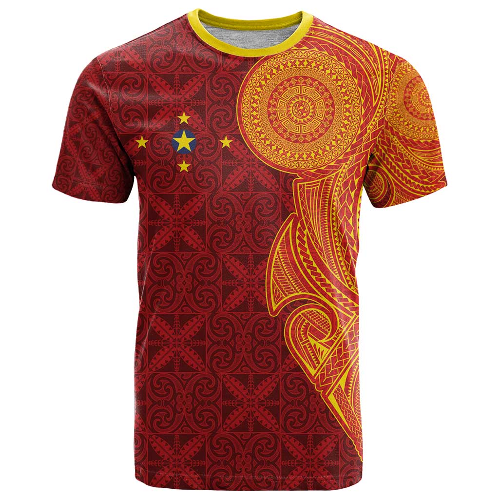Niue Polynesian Hiapo Tattoo Art T Shirt Half Style Red Yellow Color - Polynesian Pride