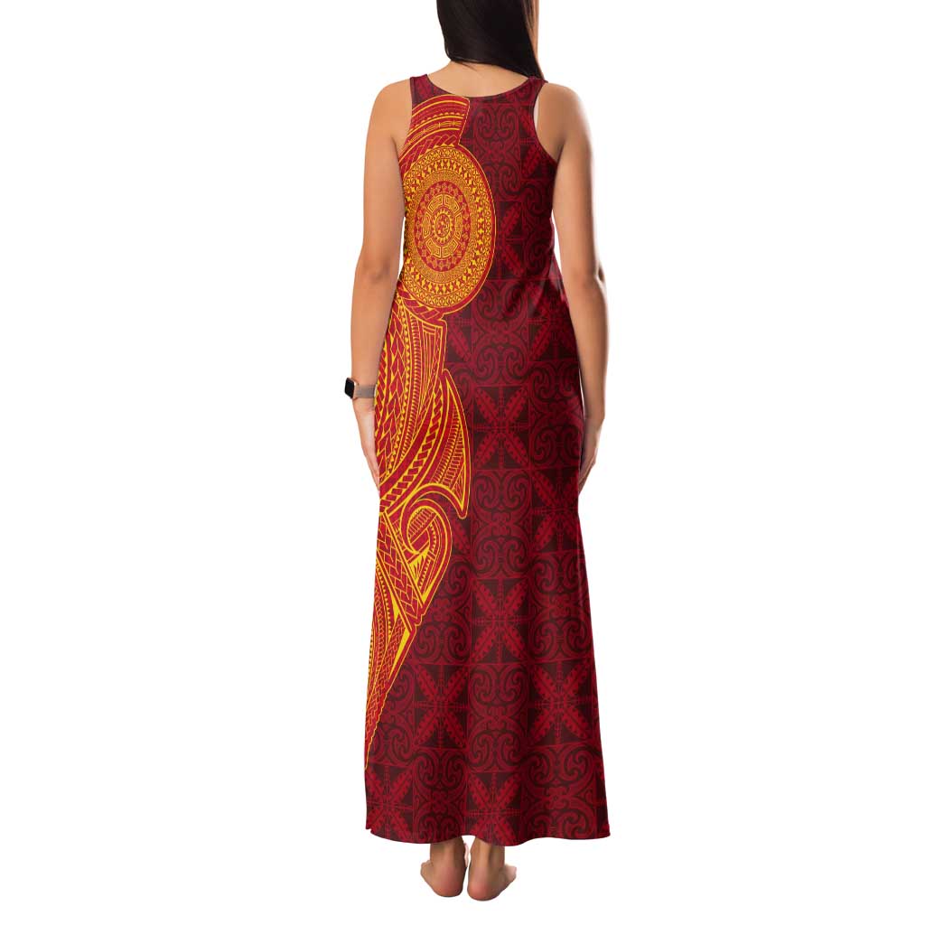 Niue Polynesian Hiapo Tattoo Art Tank Maxi Dress Half Style Red Yellow Color - Polynesian Pride